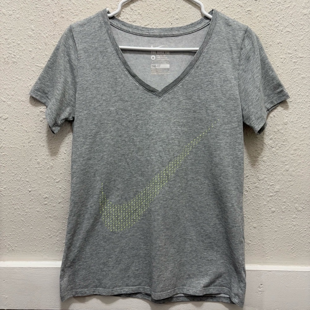 Nike Grey Women's V-Neck T-Shirt with Green Logo Size M